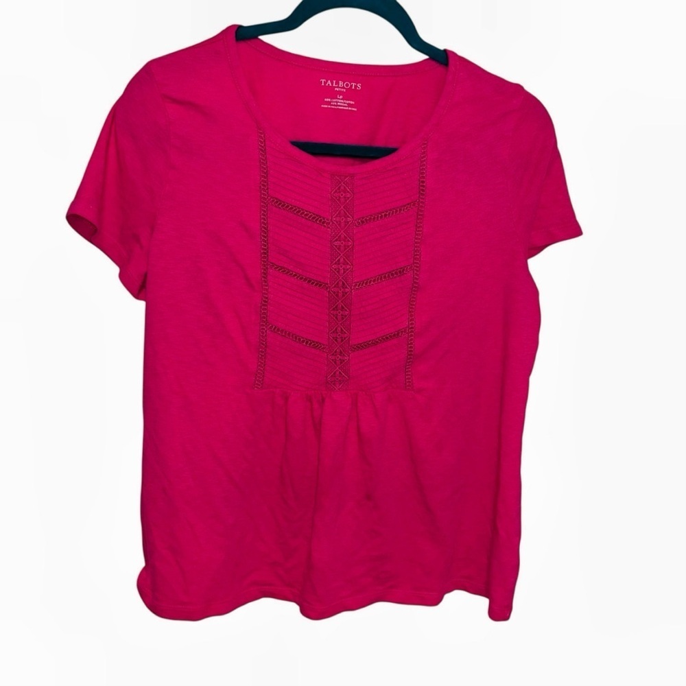 Talbots Petite Large Magenta Hot Pink Short Sleeve Shirt Lace Knit Top PL L